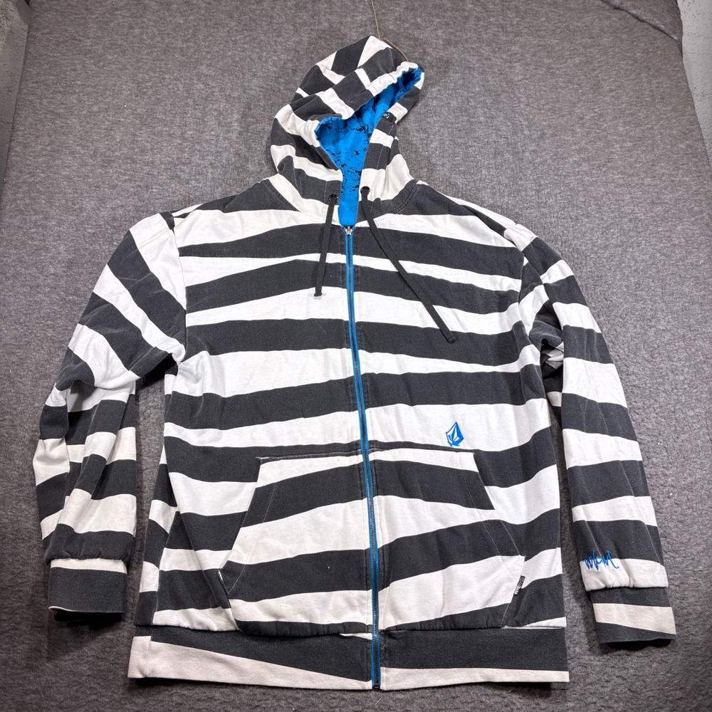 Vintage Volcom Reversible Hoodie Mens XL Blue Black‎ Striped Splatter Zip Up Y2K